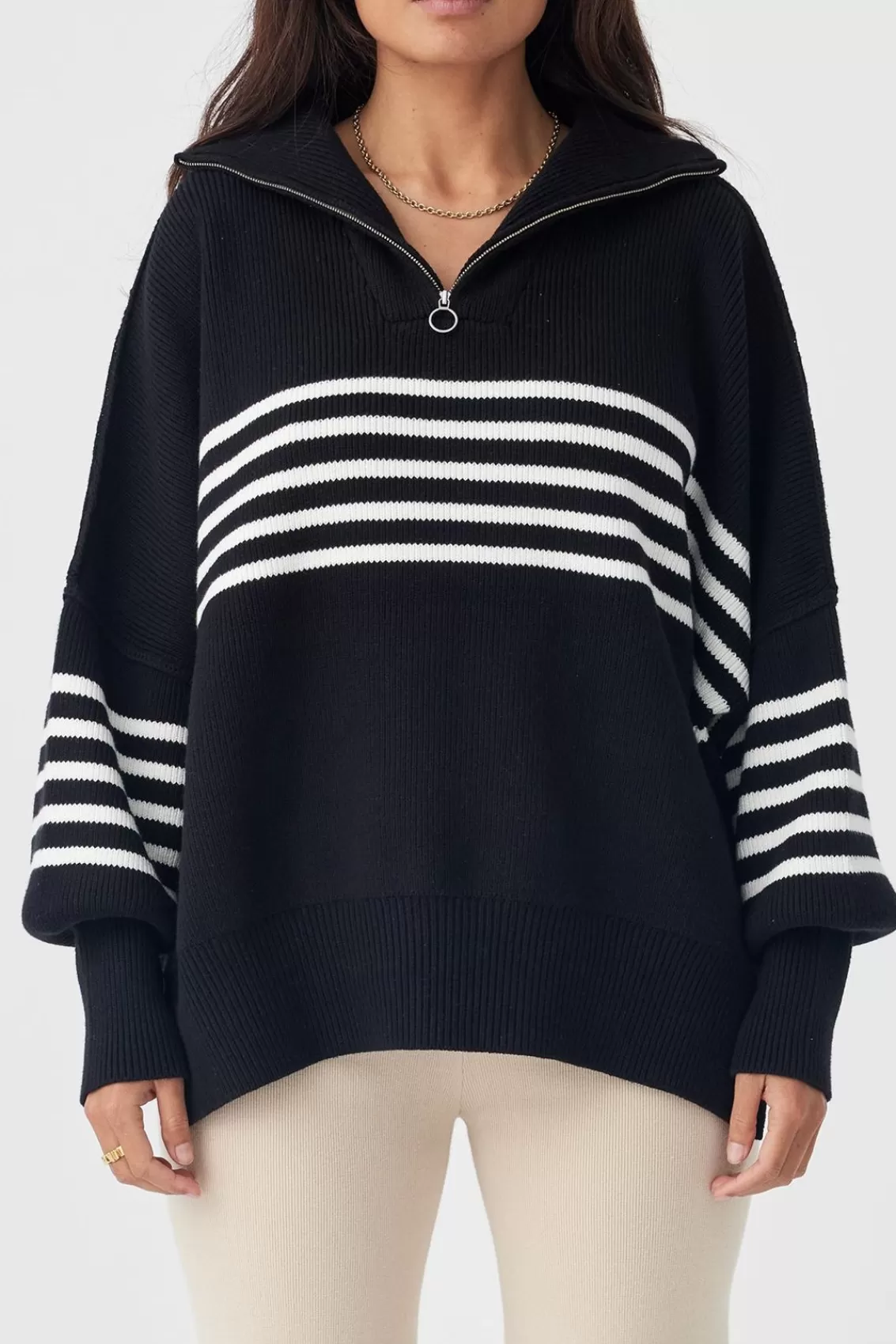 Women Arcaa Sweaters>London Zip Stripe Sweater-Black & Cream