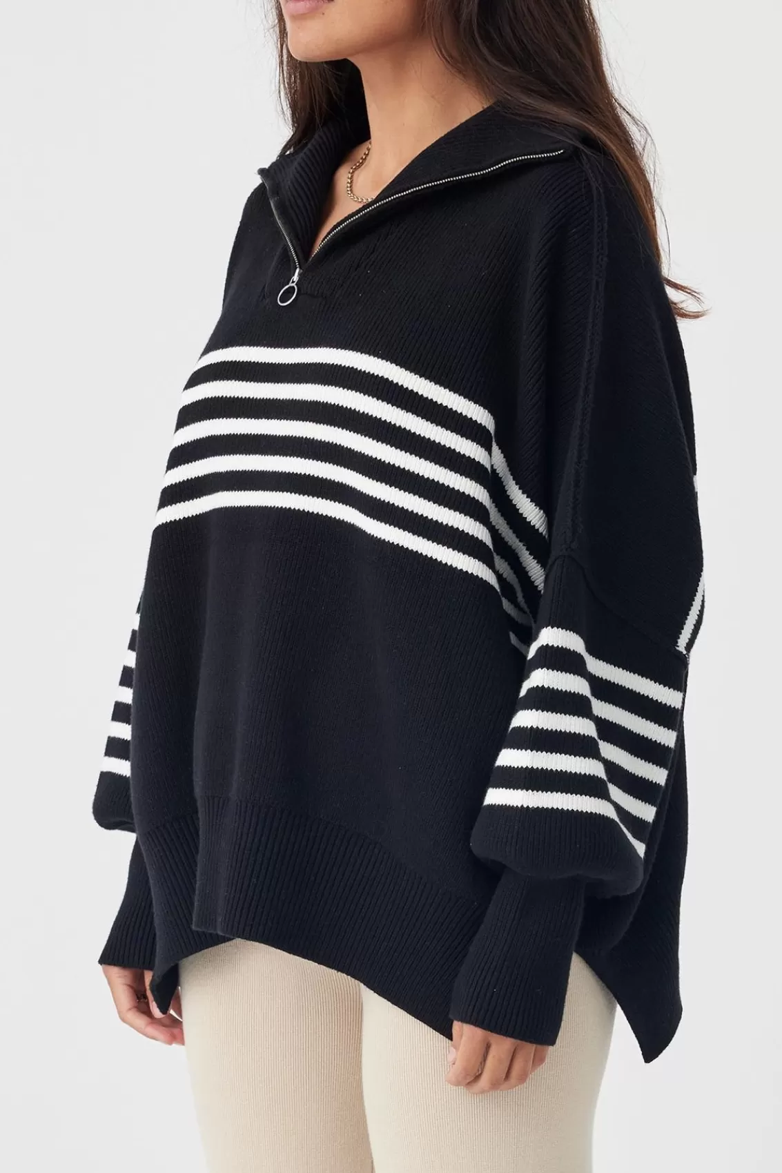 Women Arcaa Sweaters>London Zip Stripe Sweater-Black & Cream